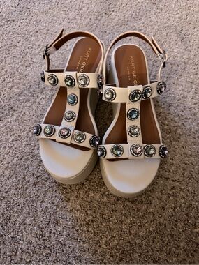 Kurt Geiger cream platform T-strap sandals with jeweled embellishments